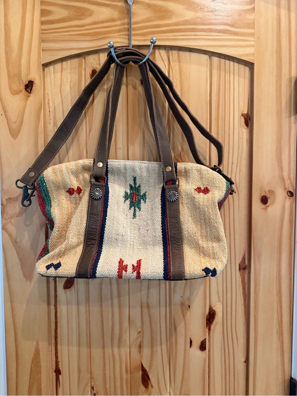 Myra Bag Cream Woven Tote with Brown Leather Straps and Multicolor Accents